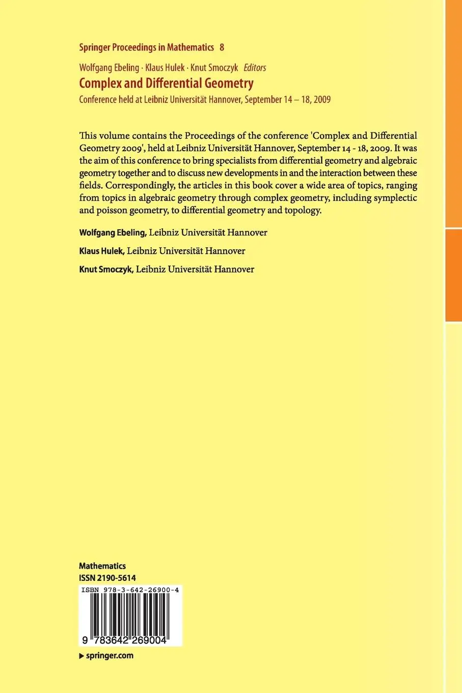 Rückseite: 9783642269004 | Complex and Differential Geometry | Wolfgang Ebeling (u. a.) | Buch