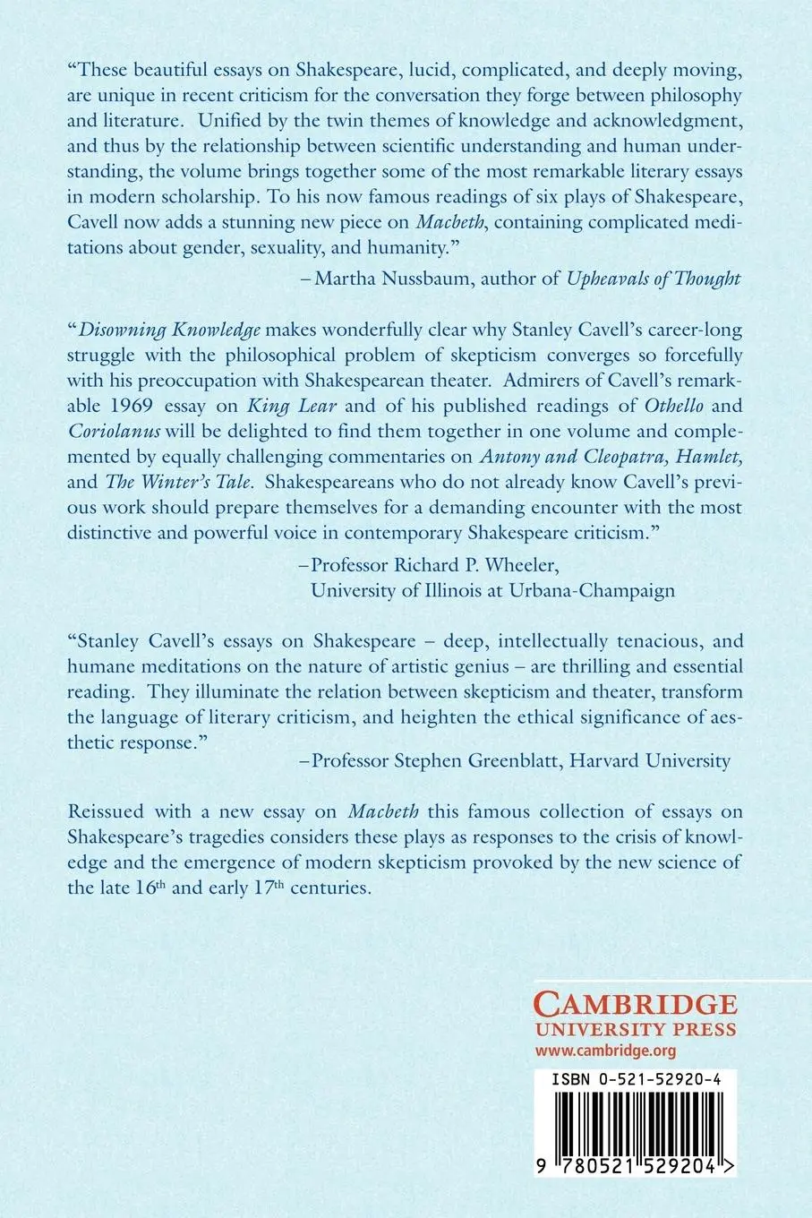 Rückseite: 9780521529204 | Disowning Knowledge | In Seven Plays of Shakespeare | Stanley Cavell