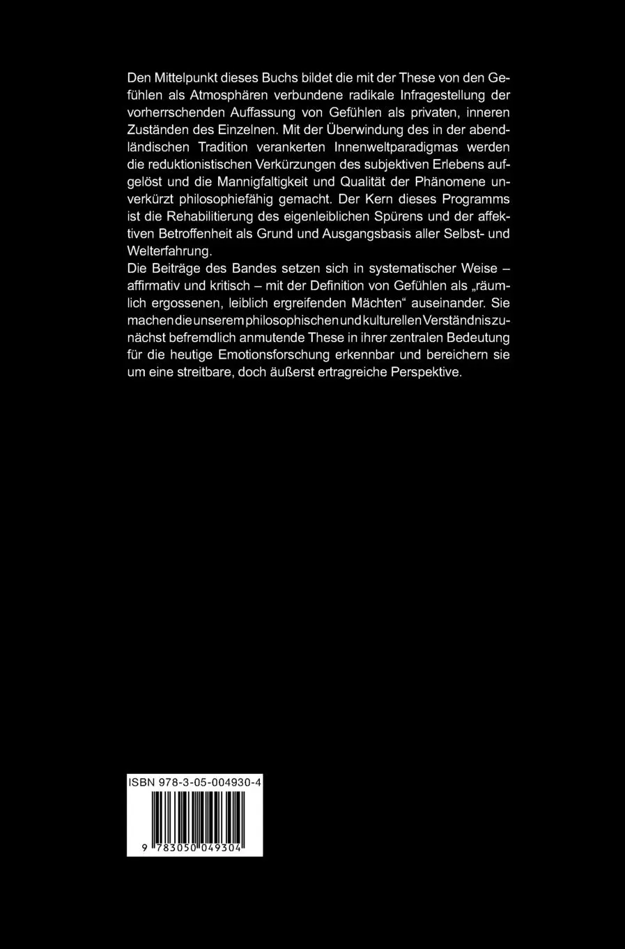 Rückseite: 9783050049304 | Gefühle als Atmosphären | Undine Eberlein (u. a.) | Buch | 267 S.