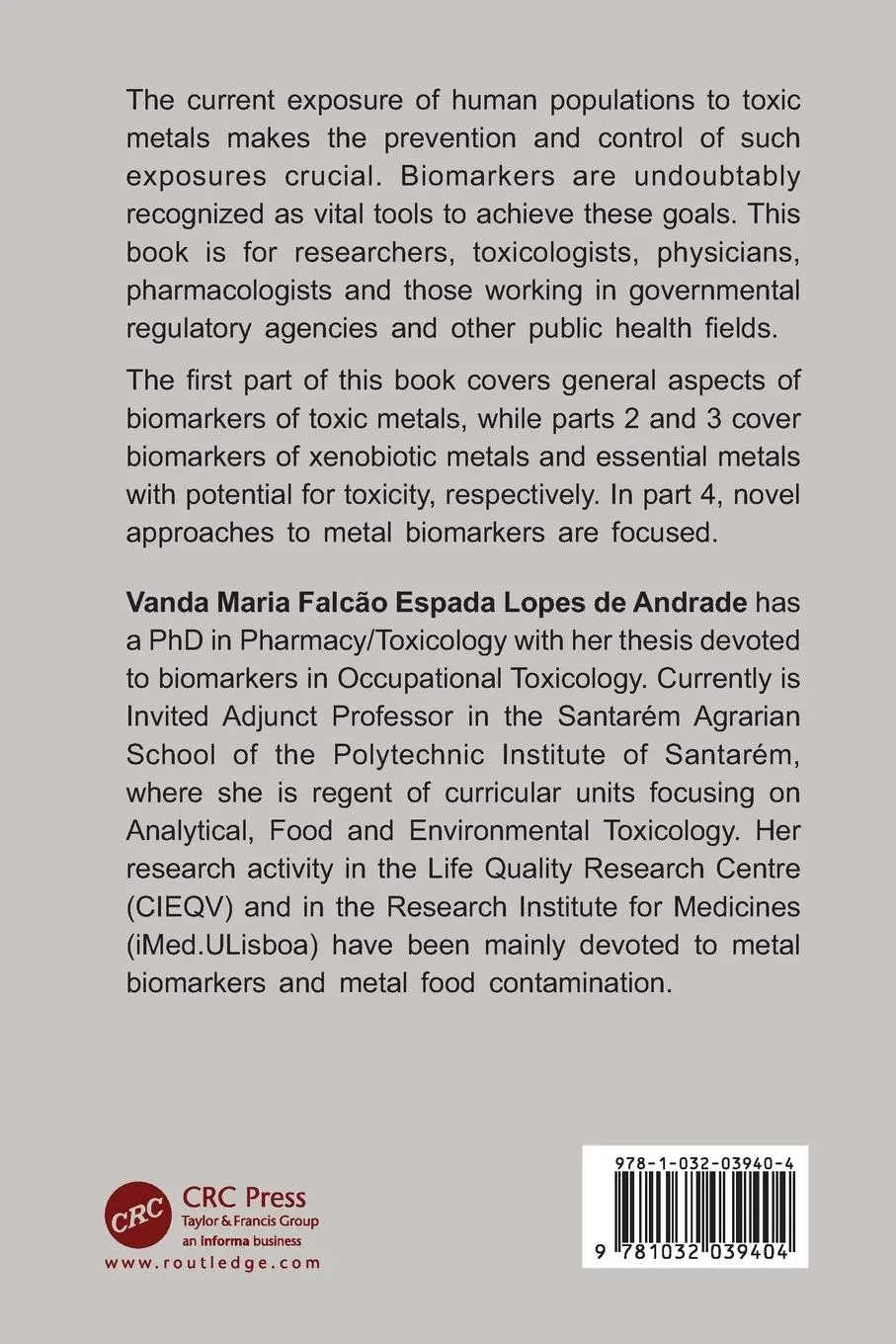Rückseite: 9781032039404 | Biomarkers of Toxic Metals | Vanda Maria Falcão Es Lopes de Andrade