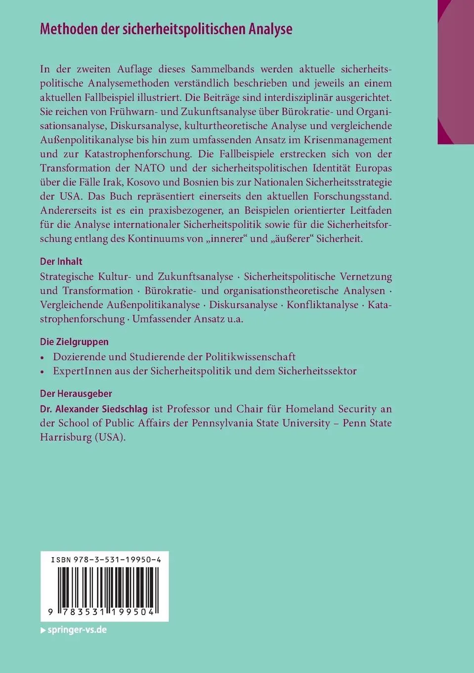 Rückseite: 9783531199504 | Methoden der sicherheitspolitischen Analyse | Eine Einführung | Buch