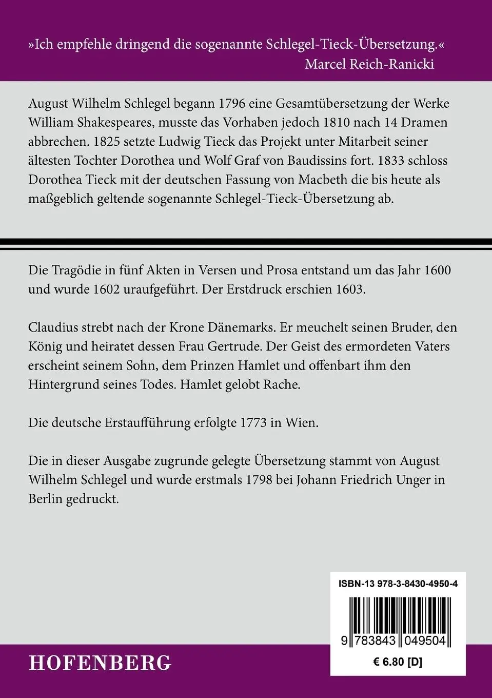 Rückseite: 9783843049504 | Hamlet | William Shakespeare | Taschenbuch | 140 S. | Deutsch | 2015