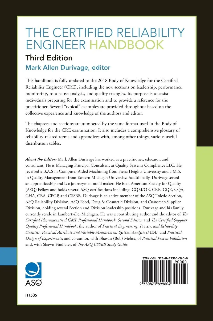 Rückseite: 9780873899604 | The Certified Reliability Engineer Handbook | Mark Allen Durivage