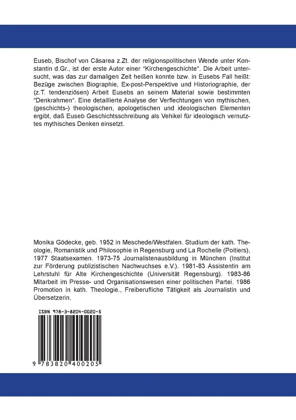Rückseite: 9783820400205 | Geschichte als Mythos | Eusebs 'Kirchengeschichte' | Monika Gödecke