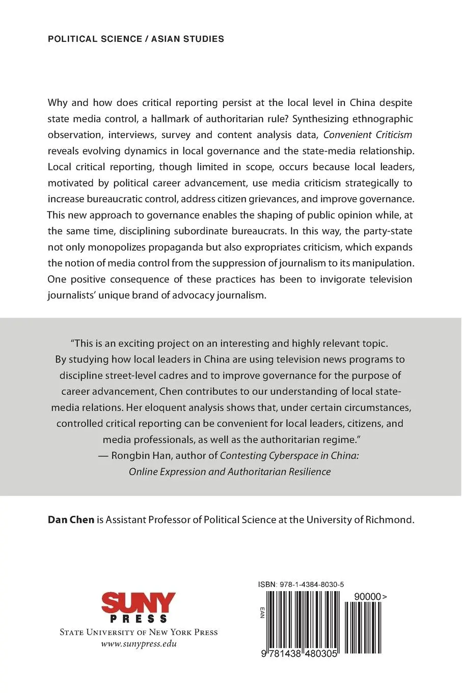 Rückseite: 9781438480305 | Convenient Criticism | Local Media and Governance in Urban China