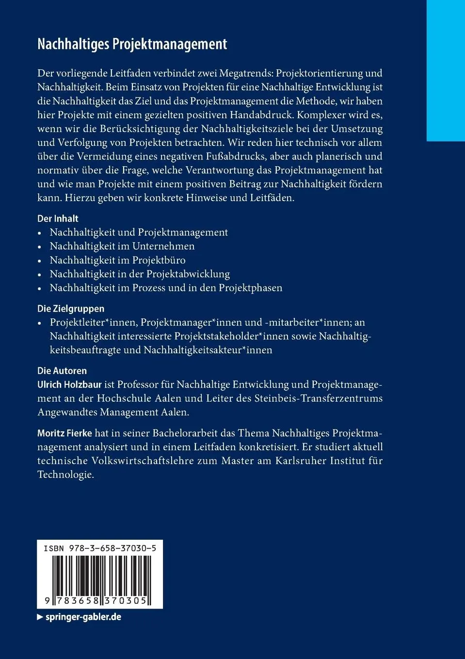 Rückseite: 9783658370305 | Nachhaltiges Projektmanagement | Moritz Fierke (u. a.) | Taschenbuch