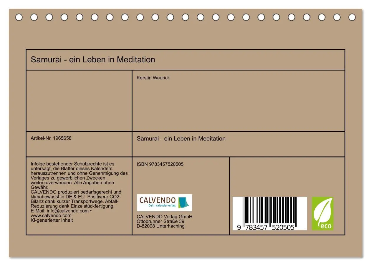 Bild: 9783457520505 | Samurai - ein Leben in Meditation (Tischkalender 2026 DIN A5 quer),...