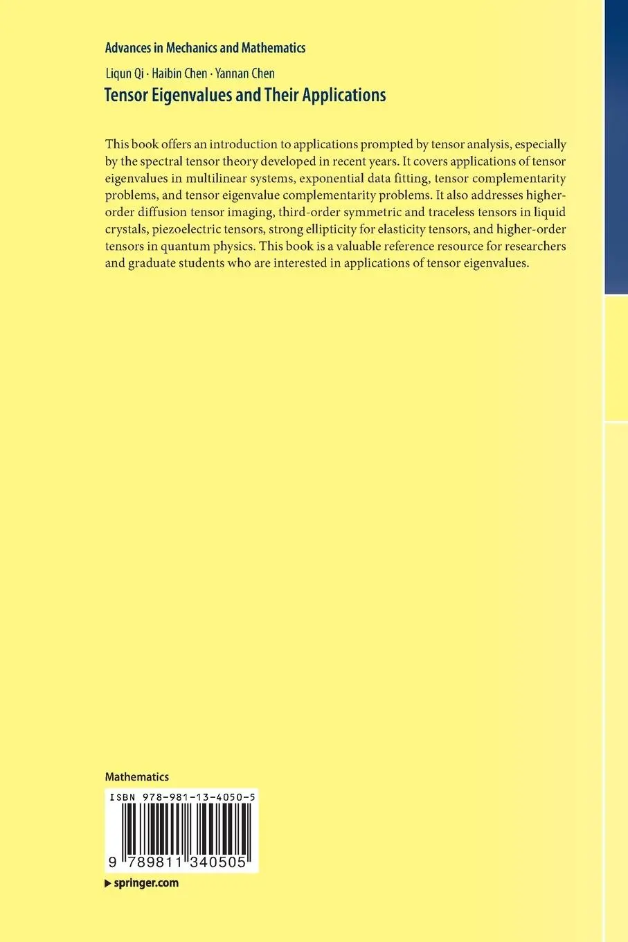 Rückseite: 9789811340505 | Tensor Eigenvalues and Their Applications | Liqun Qi (u. a.) | Buch