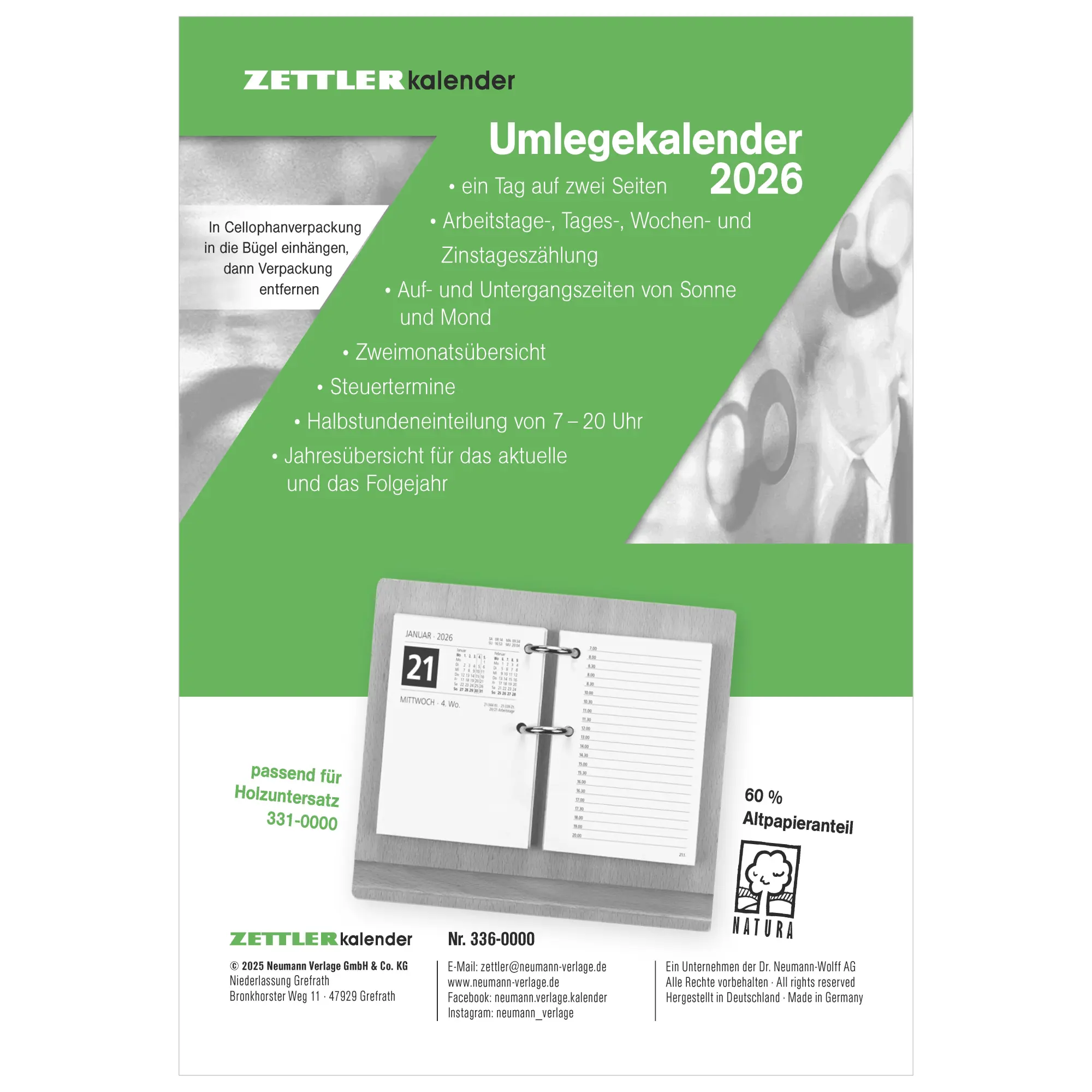Cover: 4069095000605 | Umleg-Kalender 2026 - 8x10,8 cm - 1 Tag auf 2 Seiten - zum...