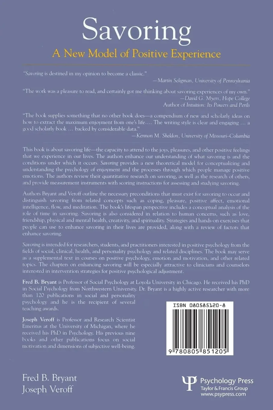 Rückseite: 9780805851205 | Savoring | A New Model of Positive Experience | Fred B. Bryant (u. a.)