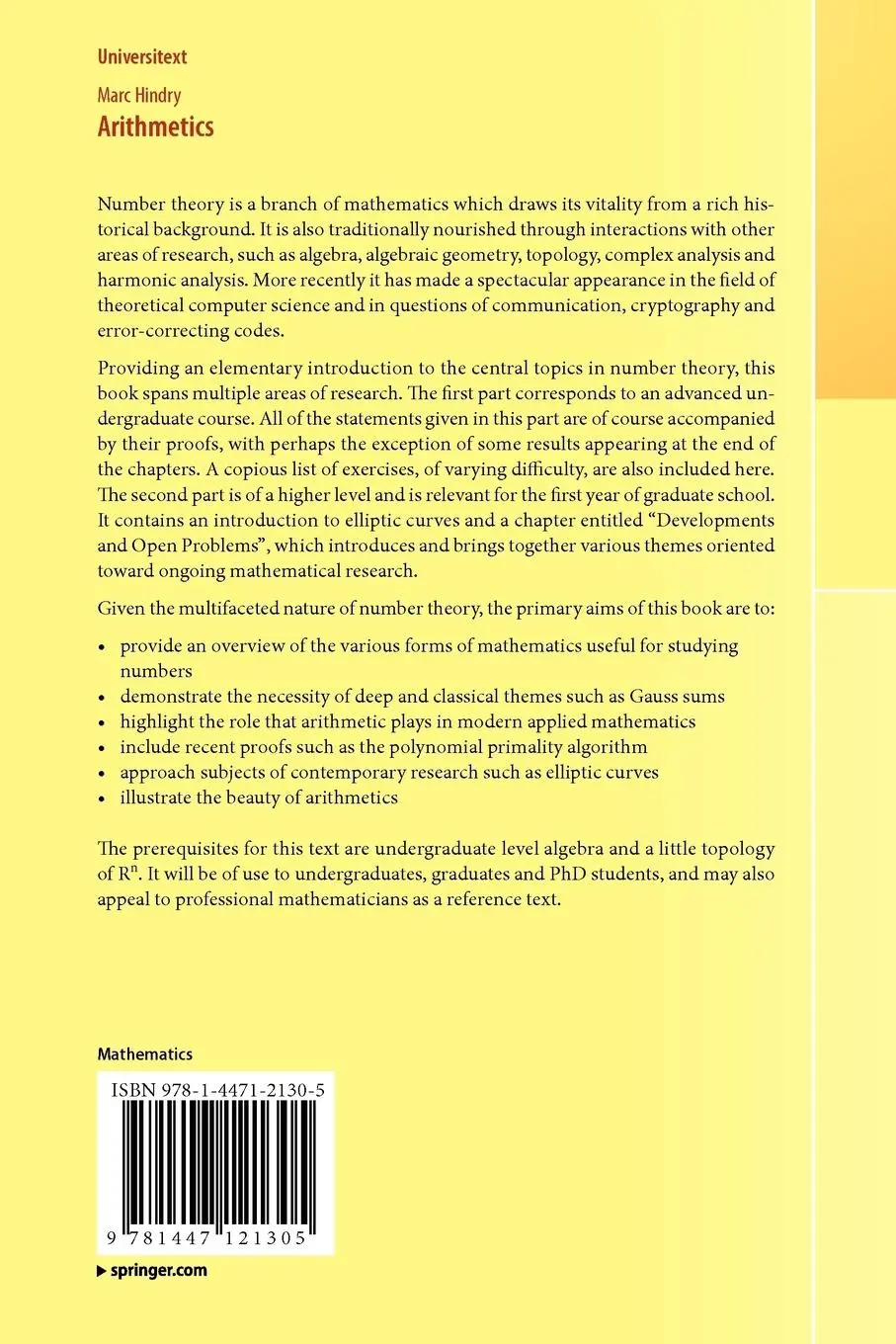 Rückseite: 9781447121305 | Arithmetics | Marc Hindry | Taschenbuch | xviii | Englisch | 2011