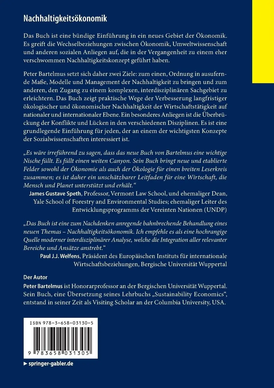 Rückseite: 9783658031305 | Nachhaltigkeitsökonomik | Eine Einführung | Peter Bartelmus | Buch