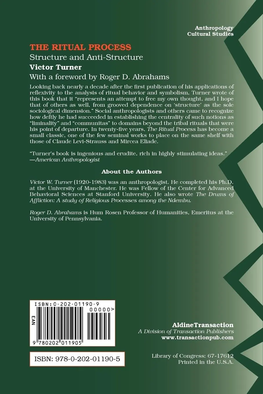 Rückseite: 9780202011905 | The Ritual Process | Structure and Anti-Structure | Turner (u. a.)
