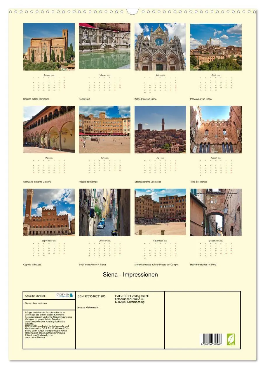 Bild: 9783516331905 | Siena - Impressionen (Wandkalender 2026 DIN A2 hoch), CALVENDO...