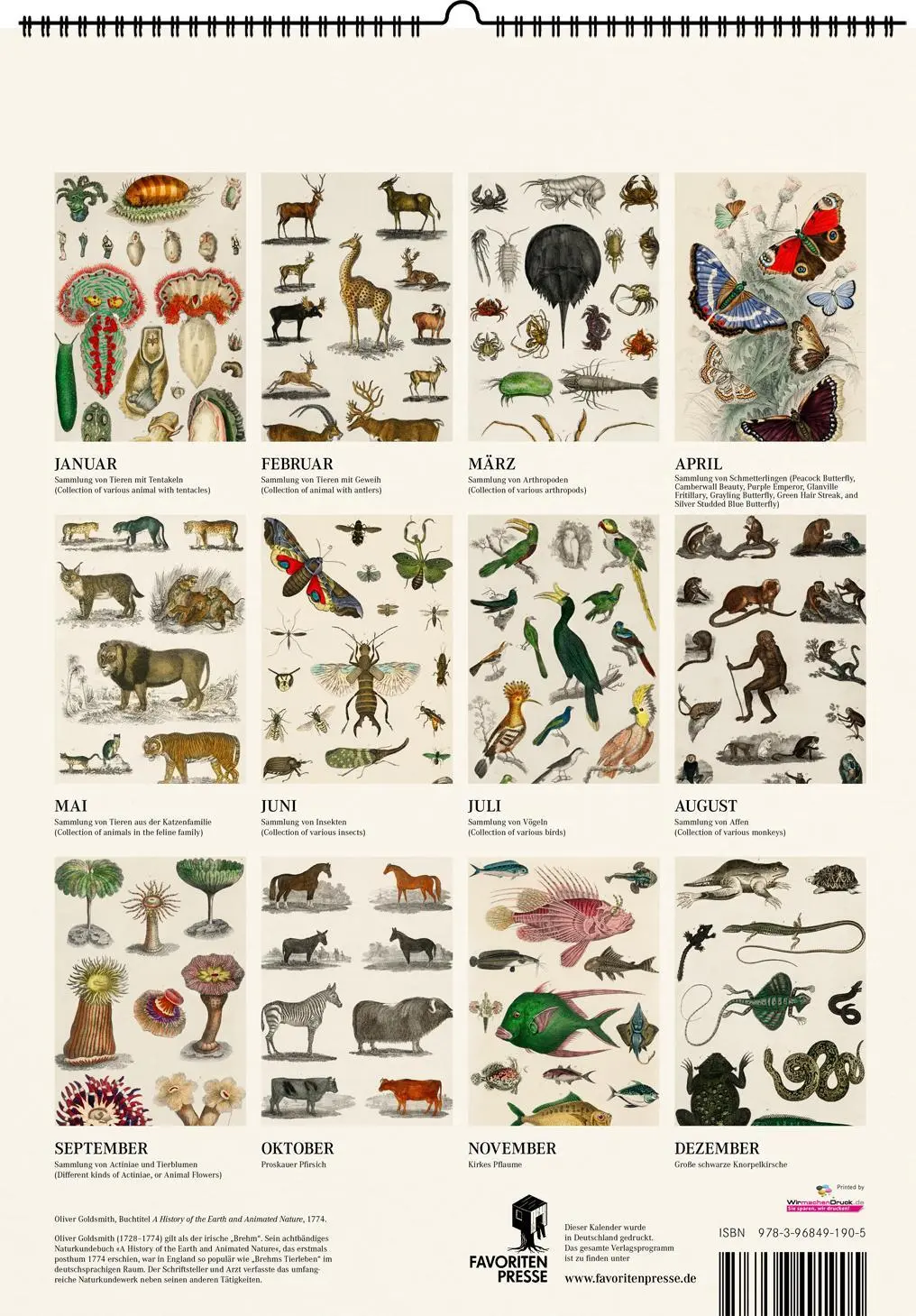Rückseite: 9783968491905 | Historische Tiertafeln von Oliver Goldsmith. Wandkalender 2026 | 14 S.