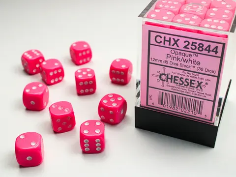 Cover: 601982022105 | Opaque 12mm d6 Pink/white Dice Block™ (36 dice) | Chessex