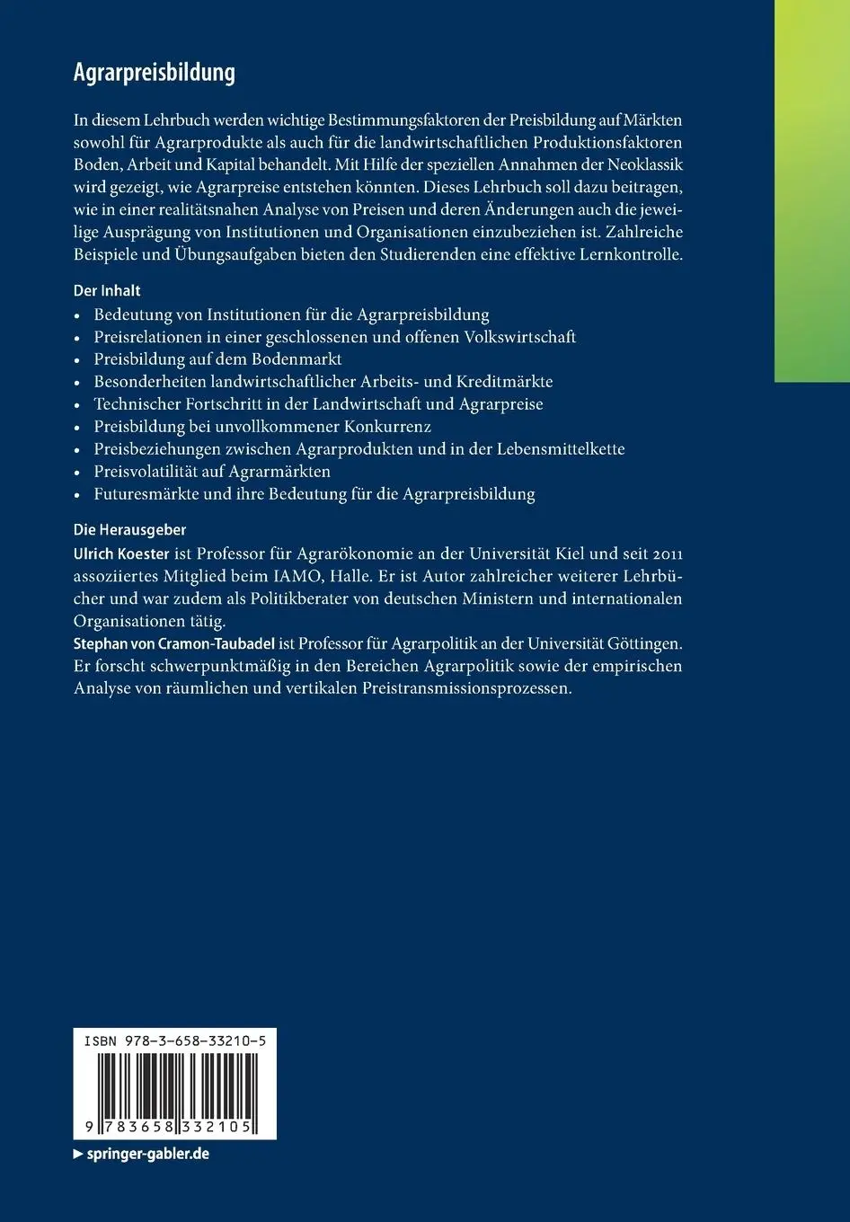 Rückseite: 9783658332105 | Agrarpreisbildung | Theorie und Anwendung | Cramon-Taubadel (u. a.)