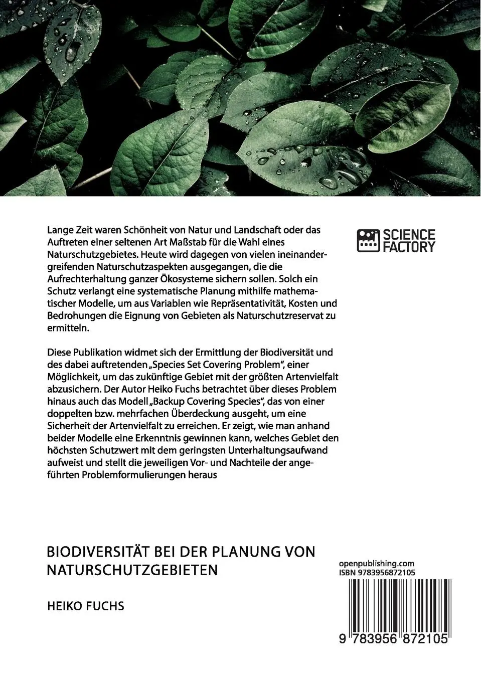 Rückseite: 9783956872105 | Biodiversität bei der Planung von Naturschutzgebieten. Probleme des...