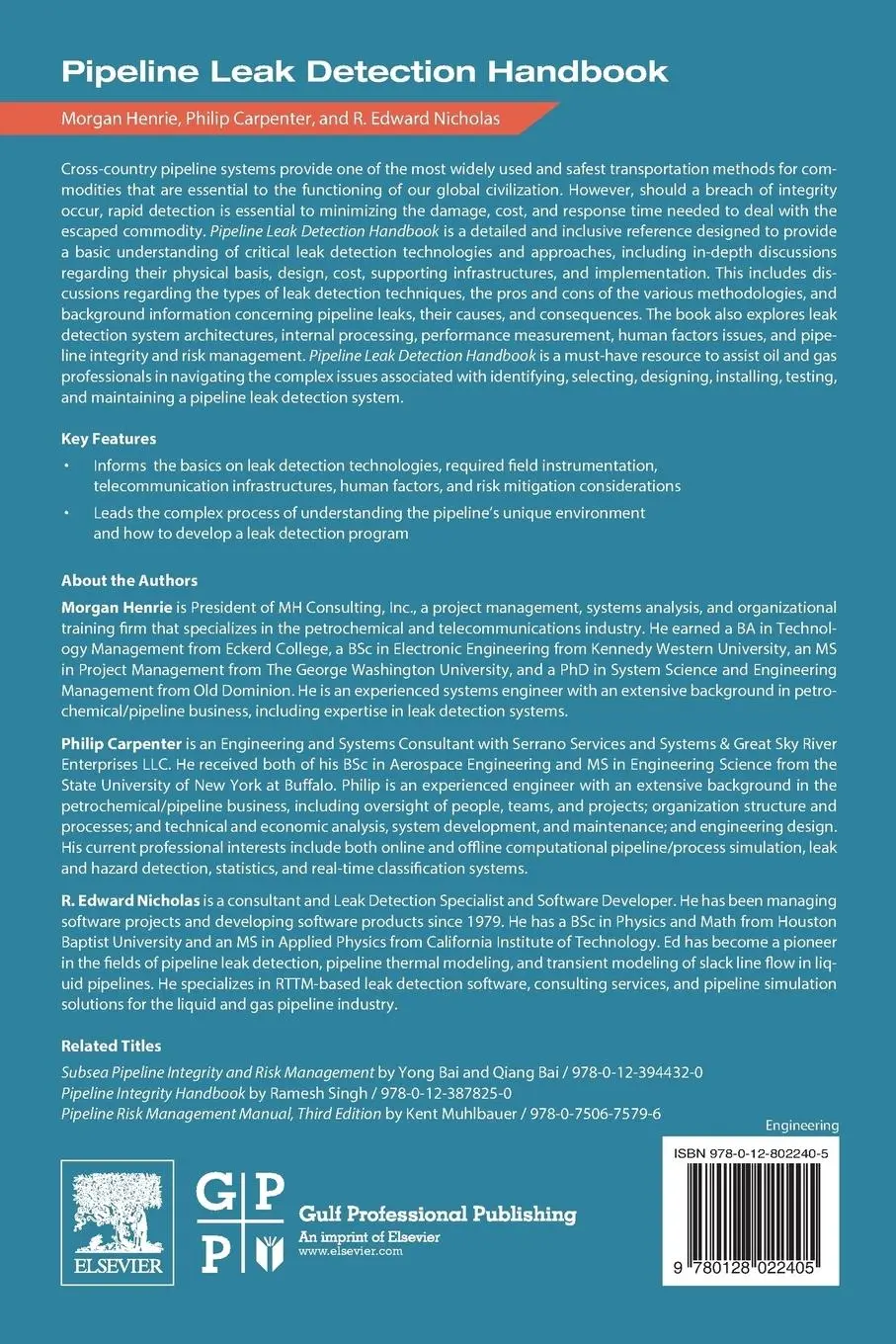 Rückseite: 9780128022405 | Pipeline Leak Detection Handbook | Morgan Henrie (u. a.) | Taschenbuch