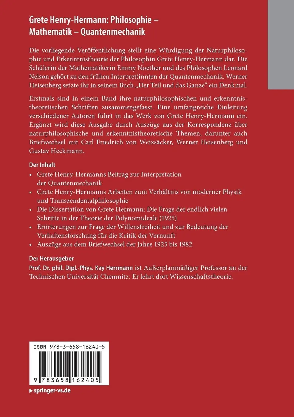 Rückseite: 9783658162405 | Grete Henry-Hermann: Philosophie - Mathematik - Quantenmechanik | Buch