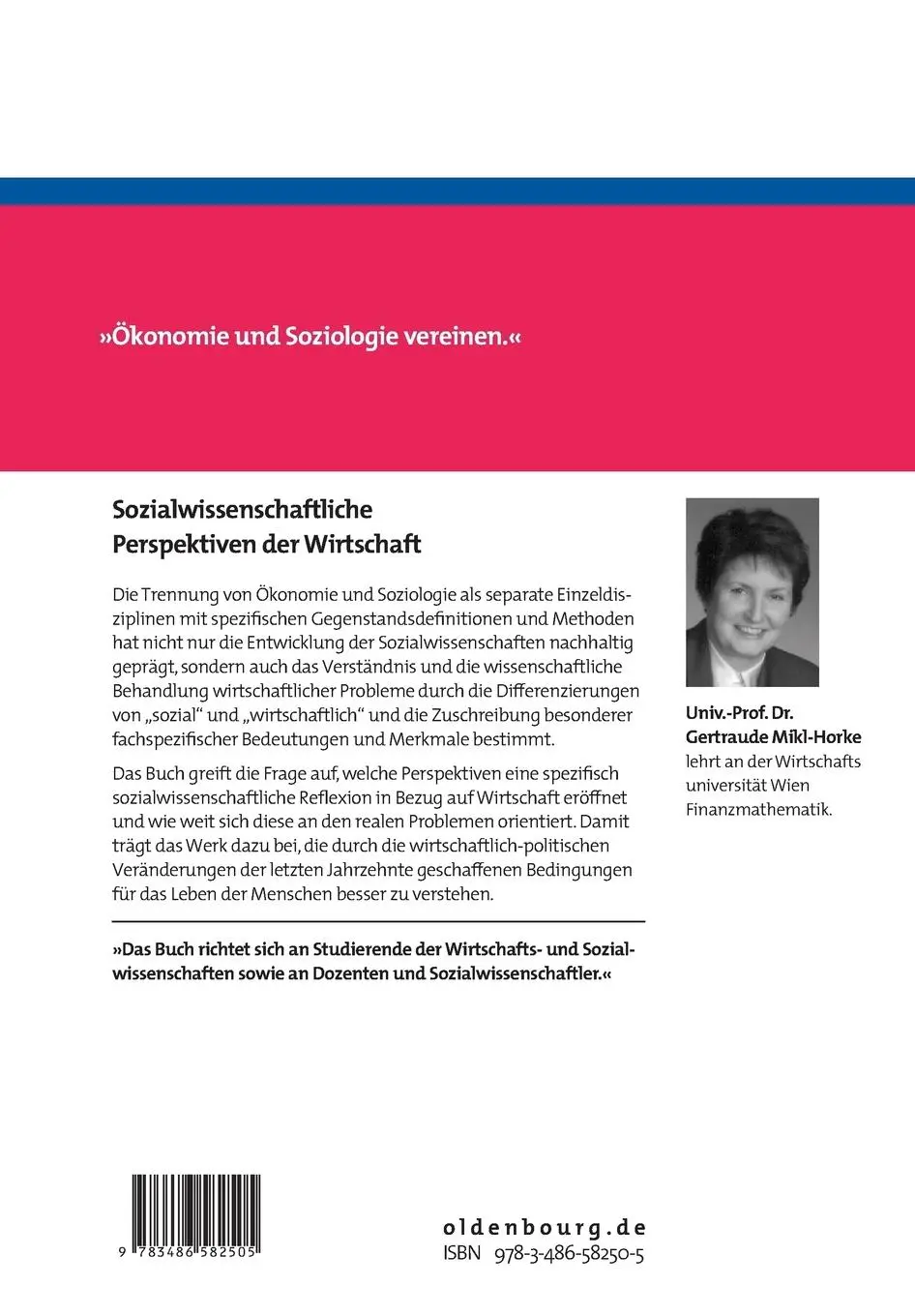 Rückseite: 9783486582505 | Sozialwissenschaftliche Perspektiven der Wirtschaft | Mikl-Horke | IX