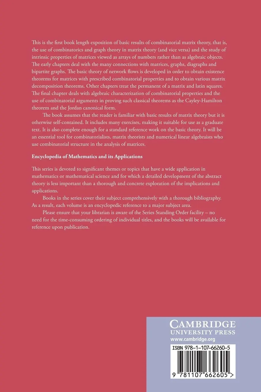 Rückseite: 9781107662605 | Combinatorial Matrix Theory | Richard A. Brualdi (u. a.) | Taschenbuch
