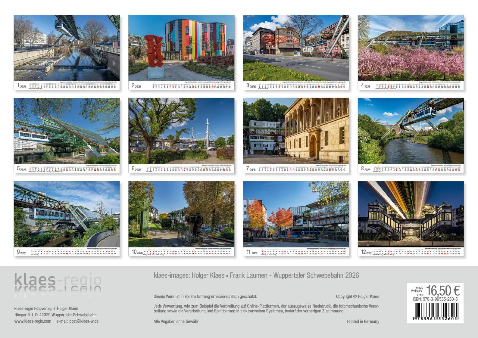 Rückseite: 9783965352605 | Wuppertaler Schwebebahn 2026 Bildkalender A3 Spiralbindung | Klaes