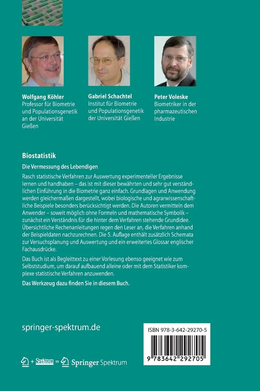 Rückseite: 9783642292705 | Biostatistik | Eine Einführung für Biologen und Agrarwissenschaftler