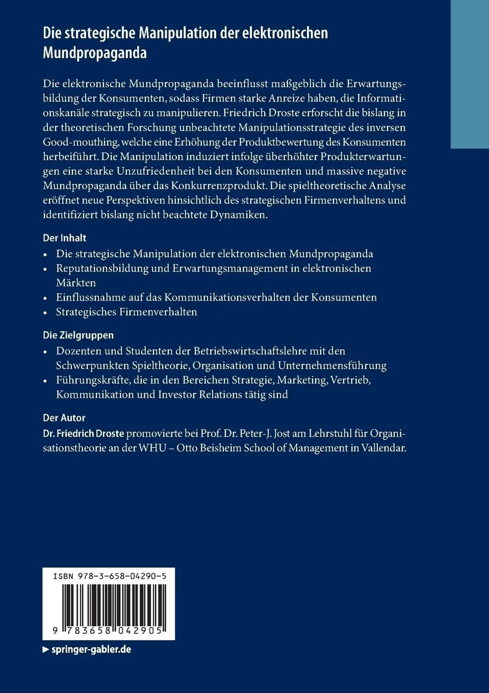 Rückseite: 9783658042905 | Die strategische Manipulation der elektronischen Mundpropaganda | Buch