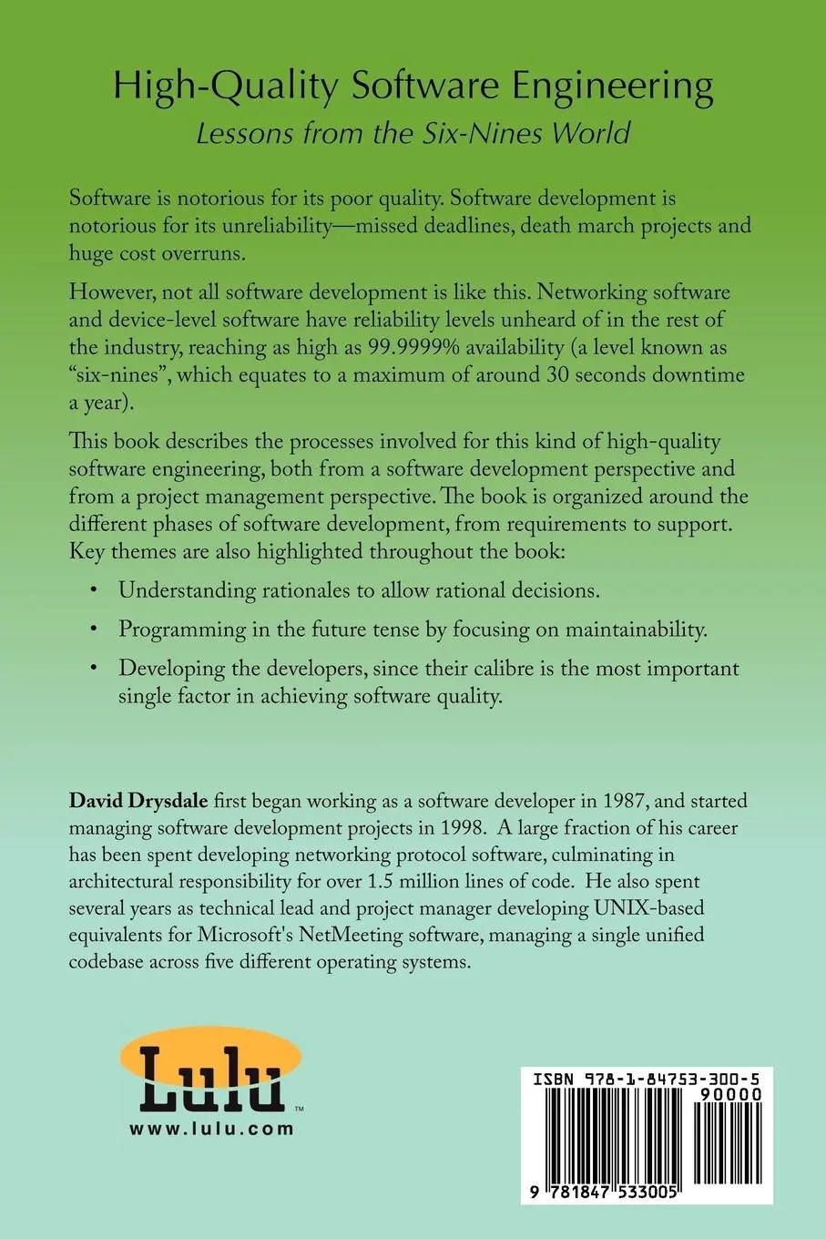 Rückseite: 9781847533005 | High-Quality Software Engineering | David Drysdale | Taschenbuch