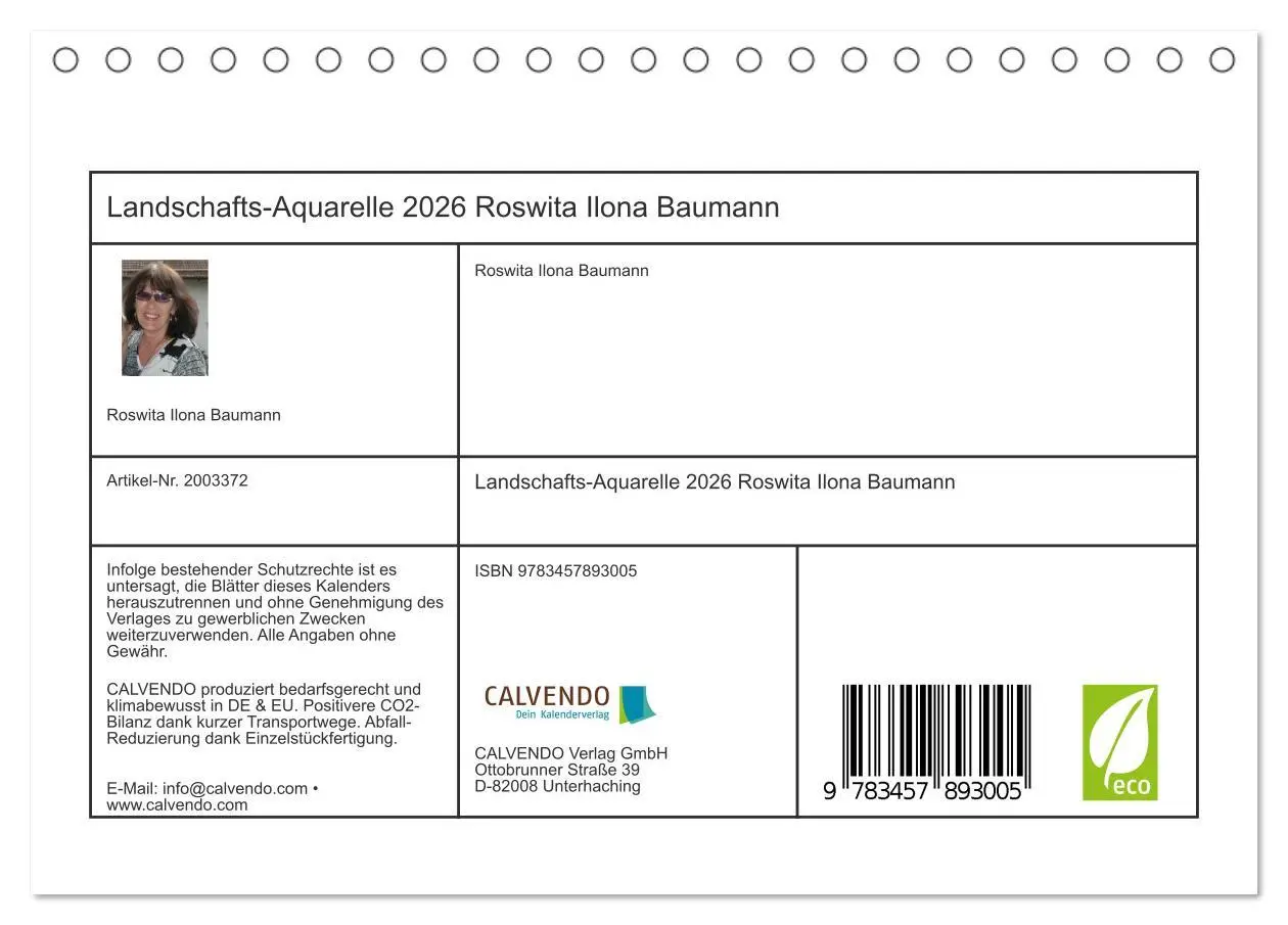Bild: 9783457893005 | Landschafts-Aquarelle 2026 Roswita Ilona Baumann (Tischkalender...