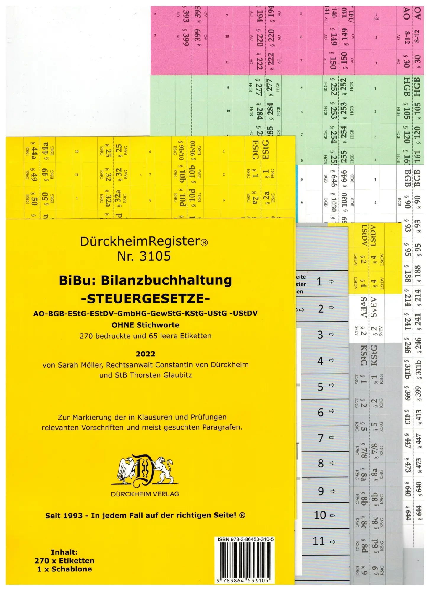 DürckheimRegister® BiBu-BILANZSTEUERRECHT Register für deine AO-AktG-BGB-EStG-EStR-KStG-UStG-GmbHG-HGB-UmwG nur Zahlen und §§ (2021)