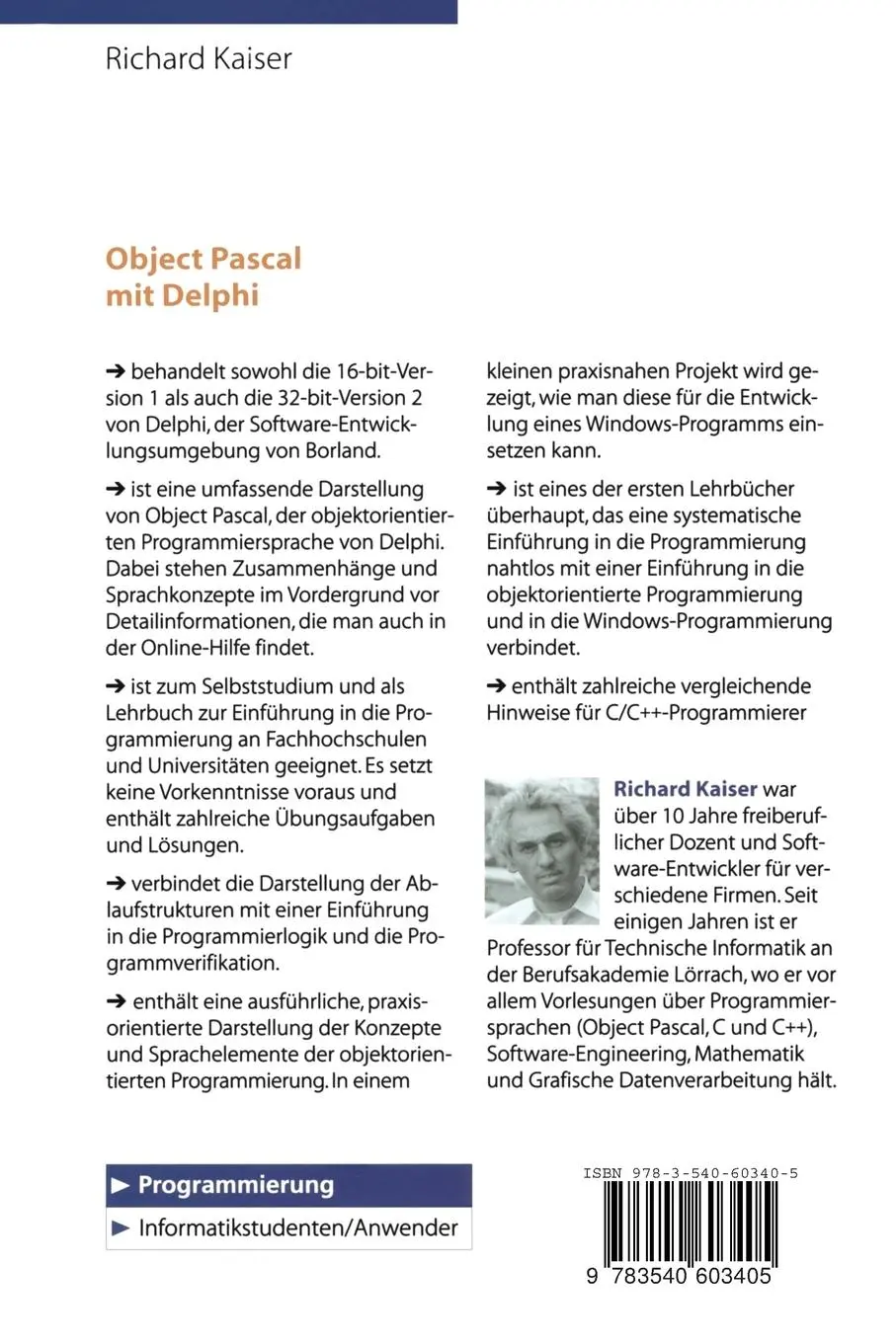 Rückseite: 9783540603405 | Object Pascal mit Delphi | Richard Kaiser | Taschenbuch | xiv | 1996