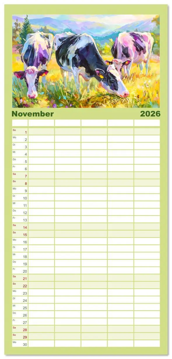 Bild: 9783516623505 | Familienplaner 2026 - Almseelen im Licht der Berge. Charmante Kühe...