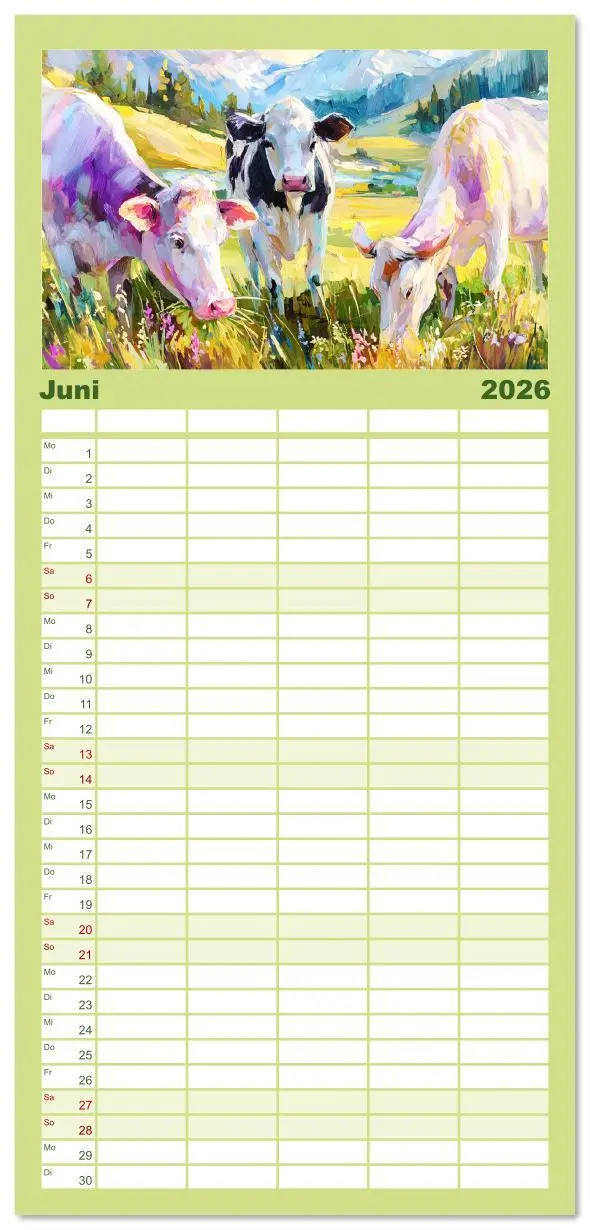 Bild: 9783516623505 | Familienplaner 2026 - Almseelen im Licht der Berge. Charmante Kühe...