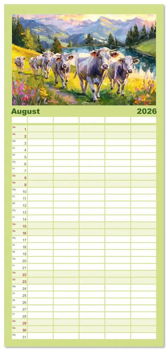 Bild: 9783516623505 | Familienplaner 2026 - Almseelen im Licht der Berge. Charmante Kühe...
