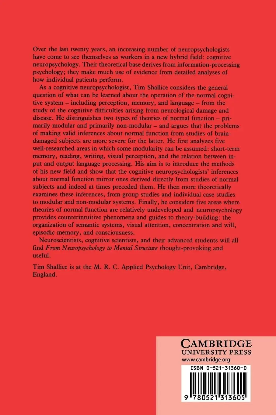 Rückseite: 9780521313605 | From Neuropsychology to Mental Structure | Tim Shallice | Taschenbuch