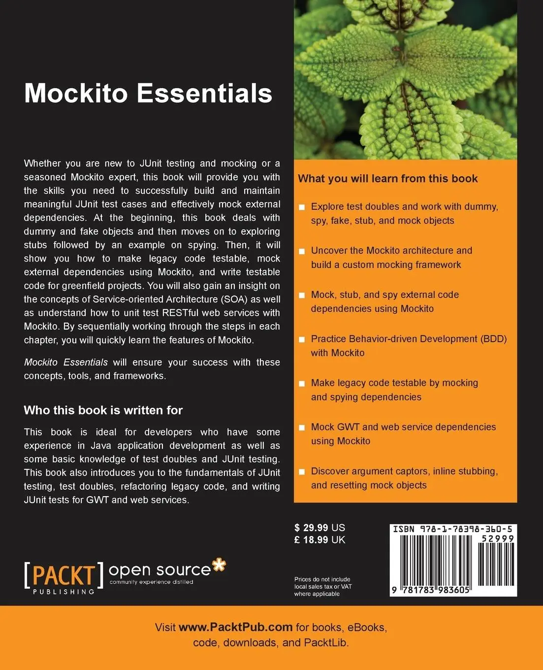 Rückseite: 9781783983605 | Mockito Essentials | Sujoy Acharya | Taschenbuch | Englisch | 2014