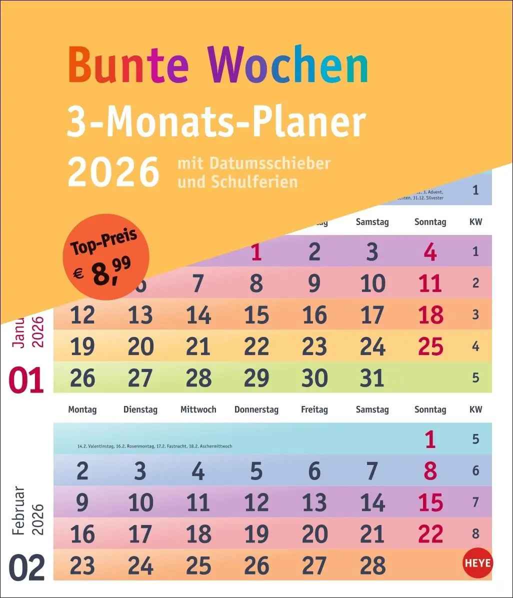 Cover: 9783756413805 | Bunte Wochen 3-Monatsplaner 2026 | Kalender | Bürokalender Heye | 2026