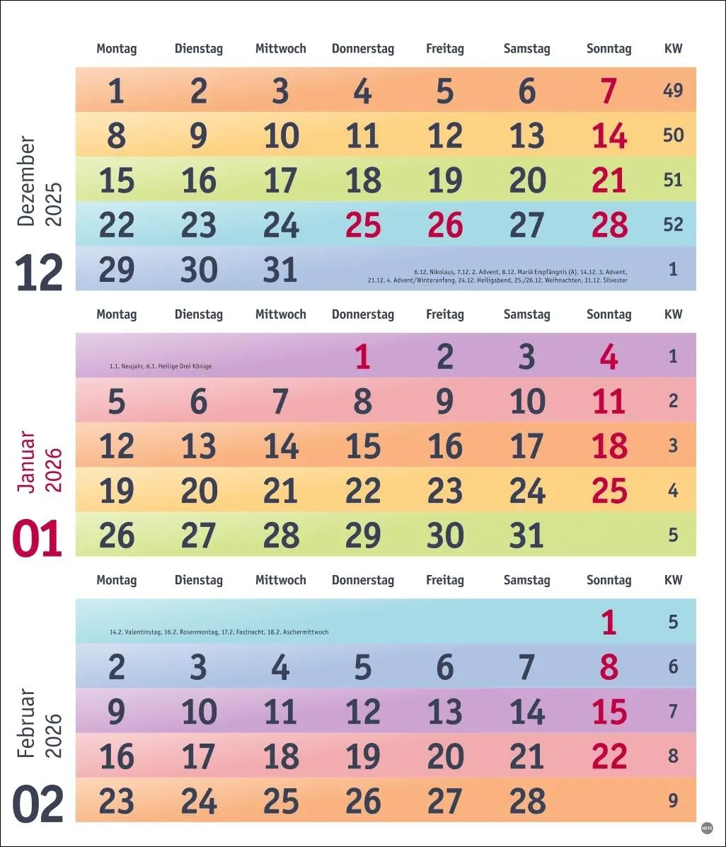 Bild: 9783756413805 | Bunte Wochen 3-Monatsplaner 2026 | Kalender | Bürokalender Heye | 2026