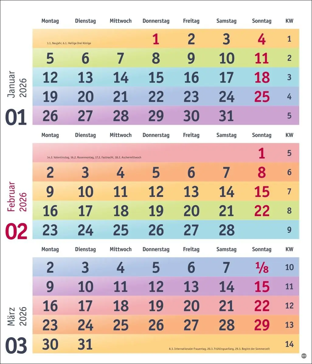 Bild: 9783756413805 | Bunte Wochen 3-Monatsplaner 2026 | Kalender | Bürokalender Heye | 2026