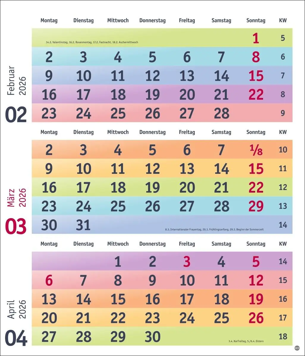 Bild: 9783756413805 | Bunte Wochen 3-Monatsplaner 2026 | Kalender | Bürokalender Heye | 2026