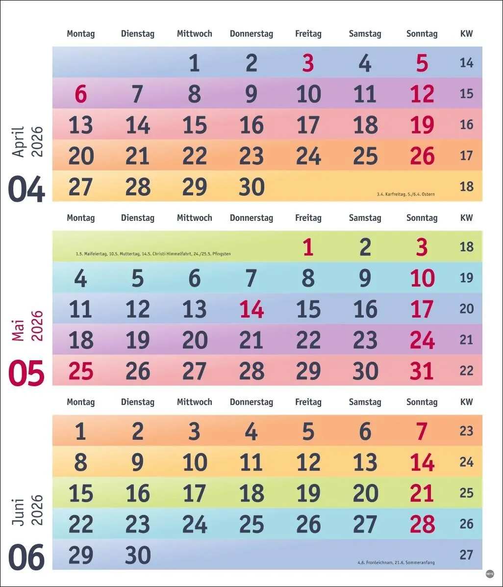 Bild: 9783756413805 | Bunte Wochen 3-Monatsplaner 2026 | Kalender | Bürokalender Heye | 2026