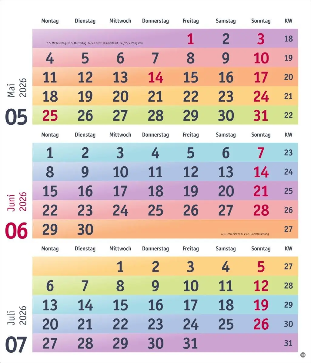 Bild: 9783756413805 | Bunte Wochen 3-Monatsplaner 2026 | Kalender | Bürokalender Heye | 2026