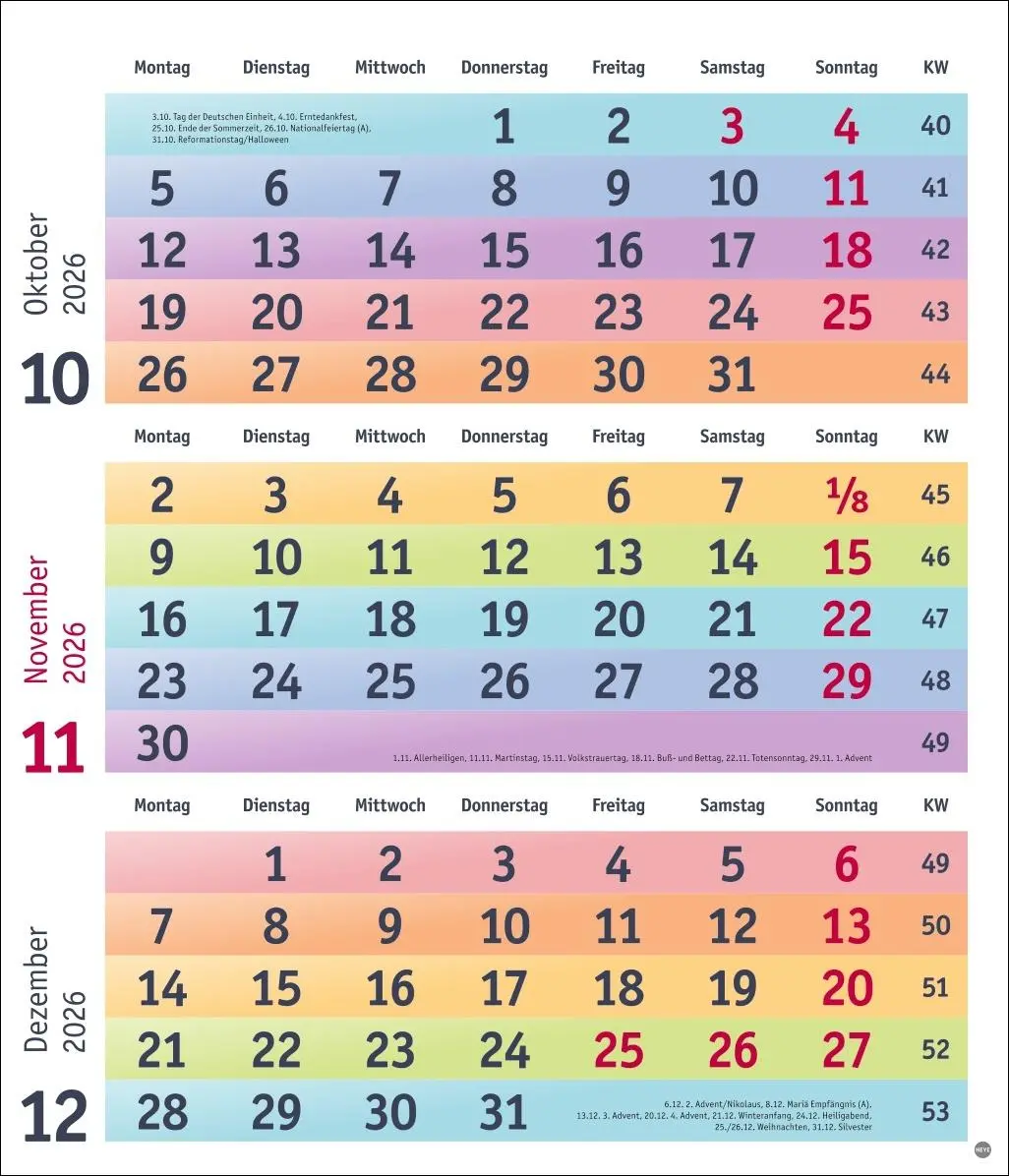 Bild: 9783756413805 | Bunte Wochen 3-Monatsplaner 2026 | Kalender | Bürokalender Heye | 2026
