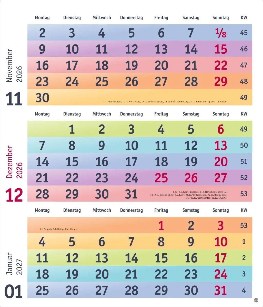 Bild: 9783756413805 | Bunte Wochen 3-Monatsplaner 2026 | Kalender | Bürokalender Heye | 2026