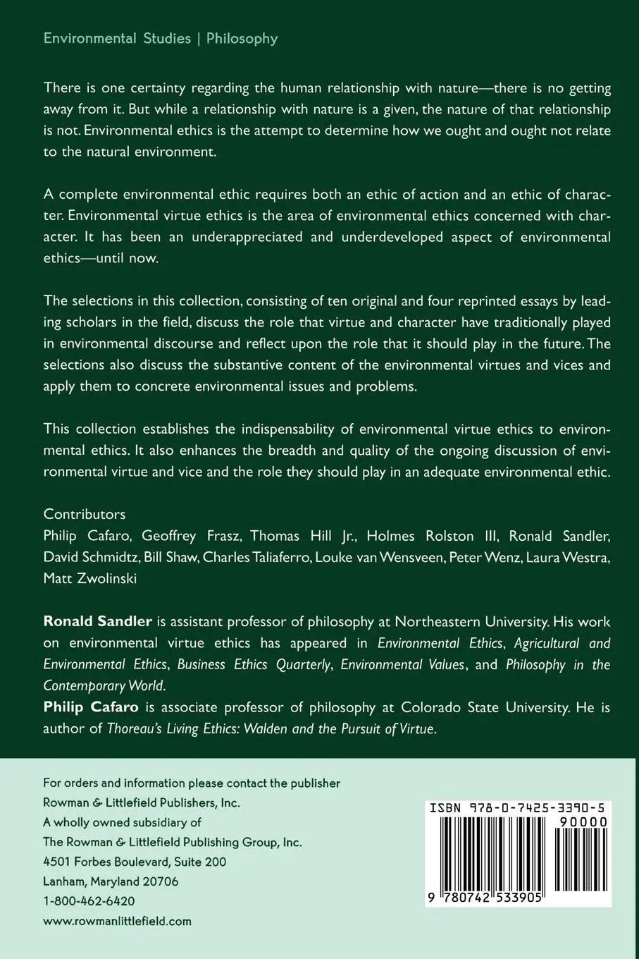 Rückseite: 9780742533905 | Environmental Virtue Ethics | Philip Cafaro (u. a.) | Taschenbuch