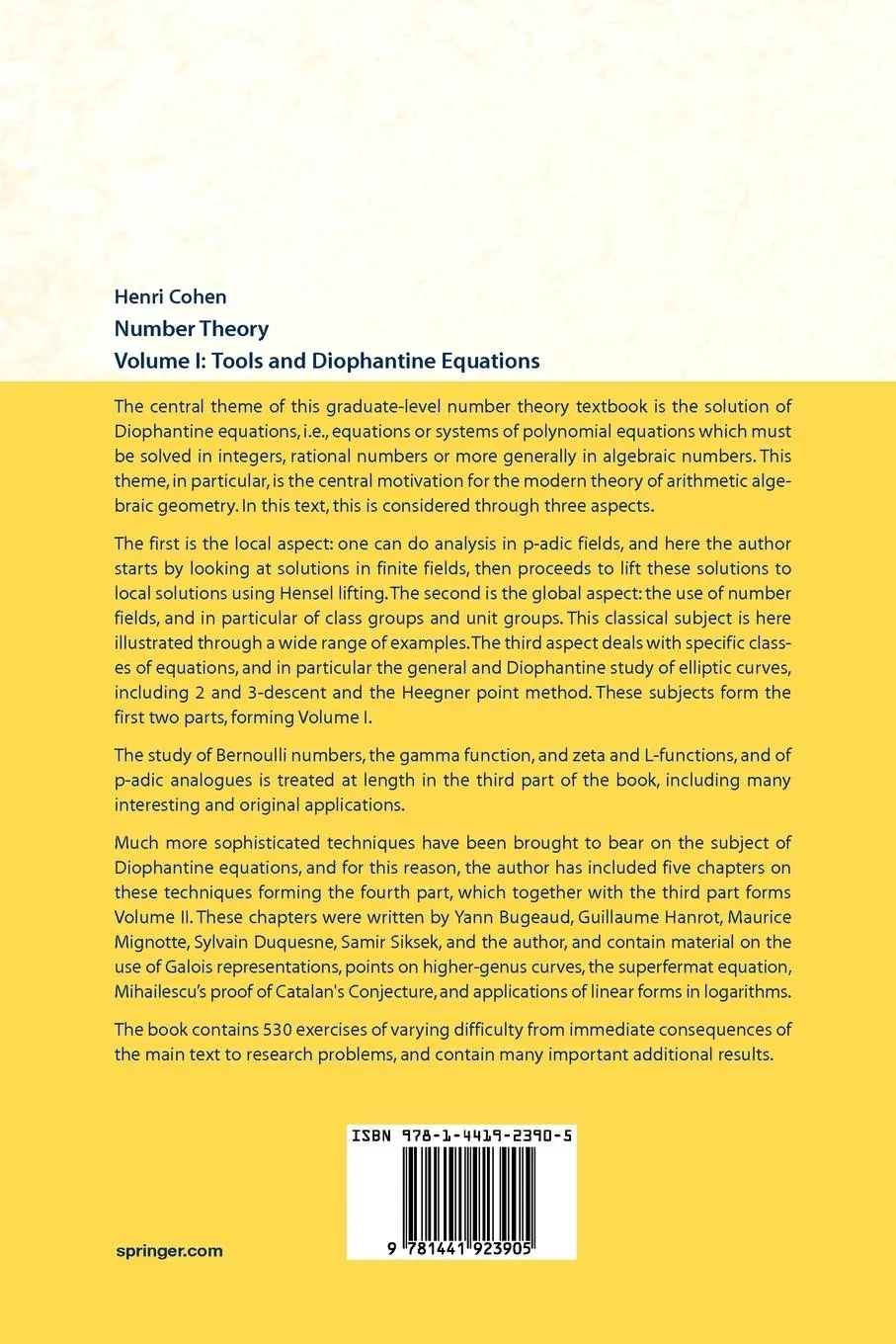 Rückseite: 9781441923905 | Number Theory | Volume I: Tools and Diophantine Equations | Cohen