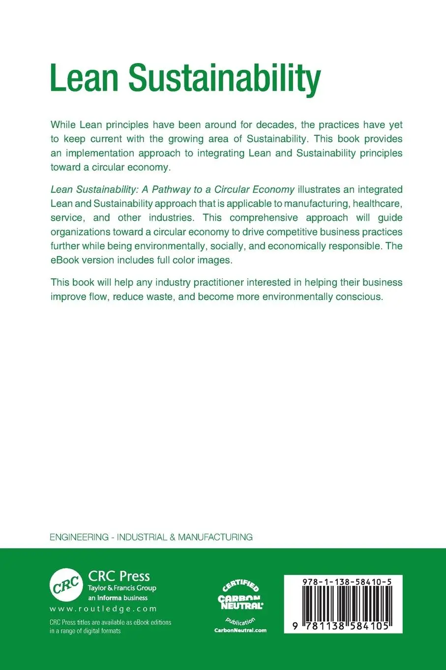 Rückseite: 9781138584105 | Lean Sustainability | A Pathway to a Circular Economy | Cudney (u. a.)