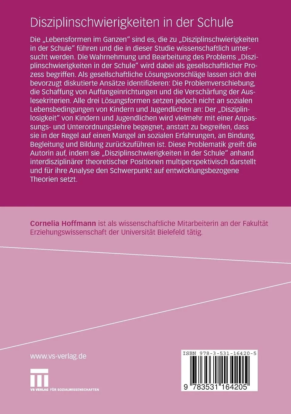 Rückseite: 9783531164205 | Disziplinschwierigkeiten in der Schule | Cornelia Hoffmann | Buch | xi